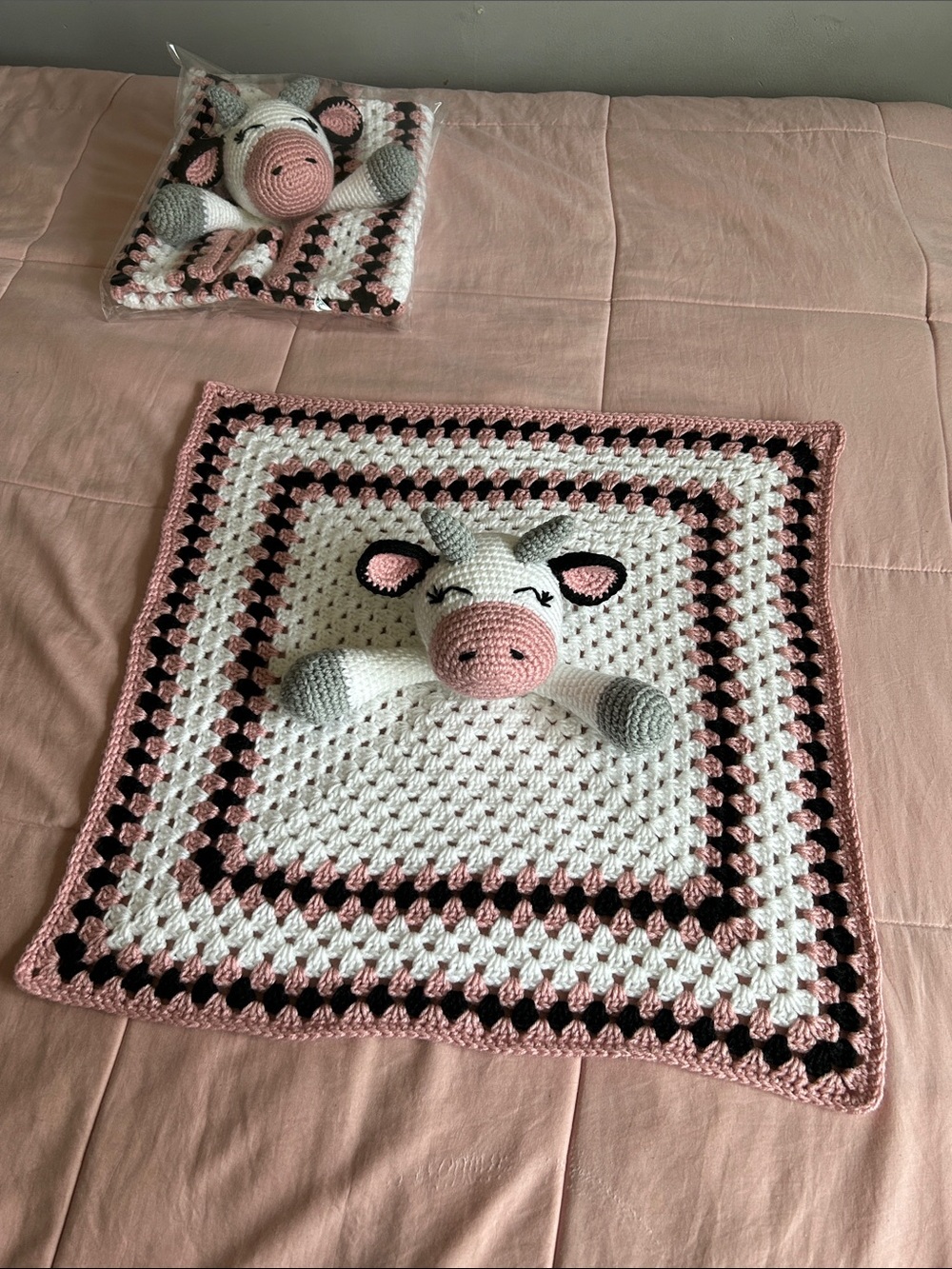 Handmade Crochet Cow Plush Toy - White & Pink
